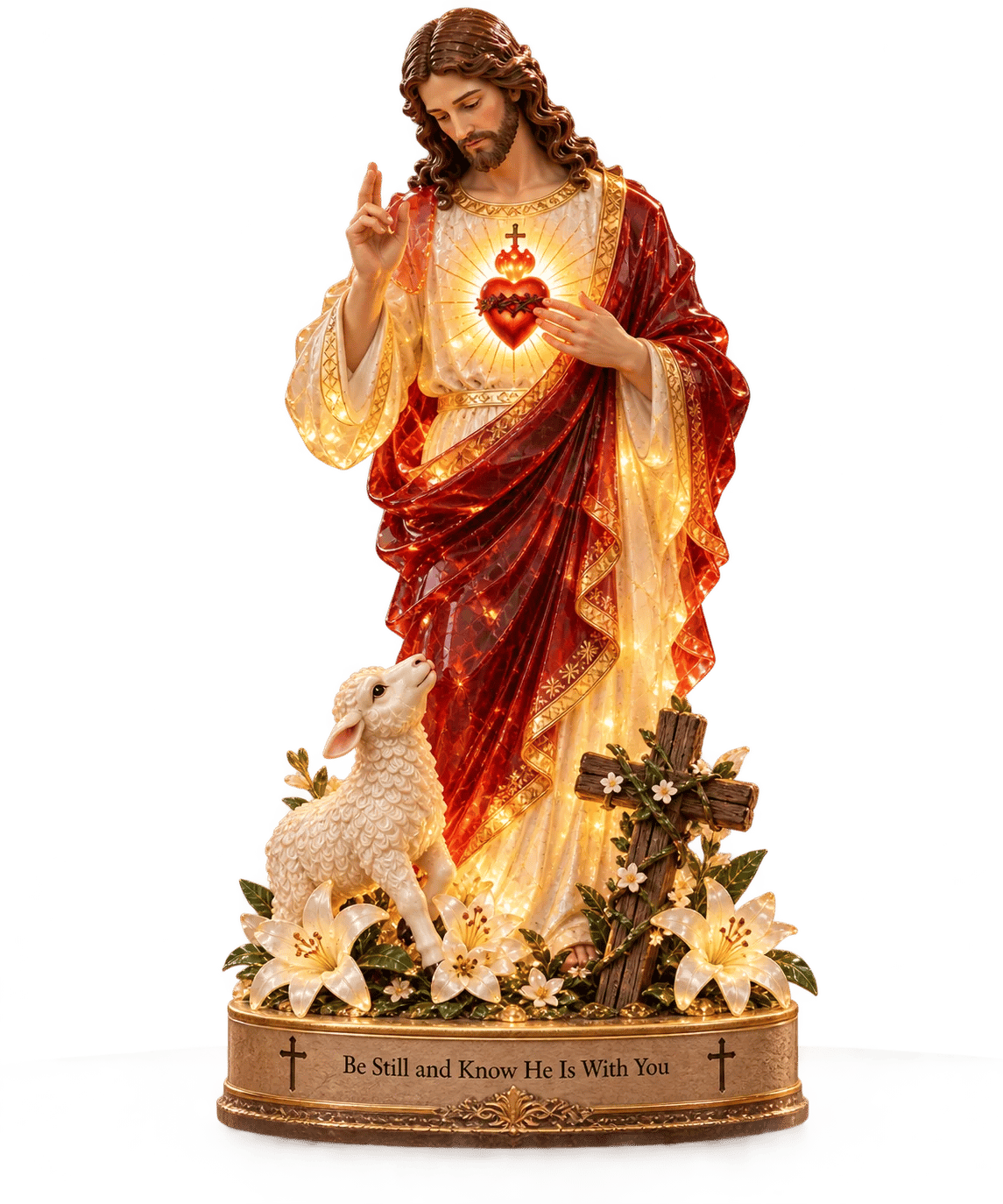 Close view of the Jesus and lamb statue with its illuminated decorative details