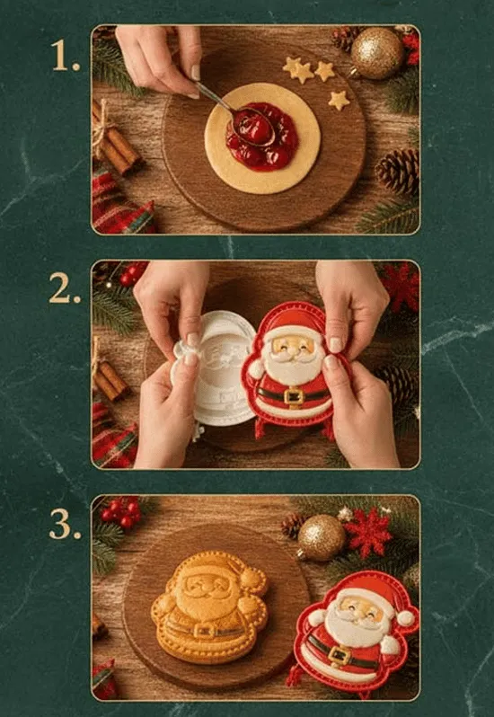 Three steps showing filling, pressing, and finished Christmas mini pies