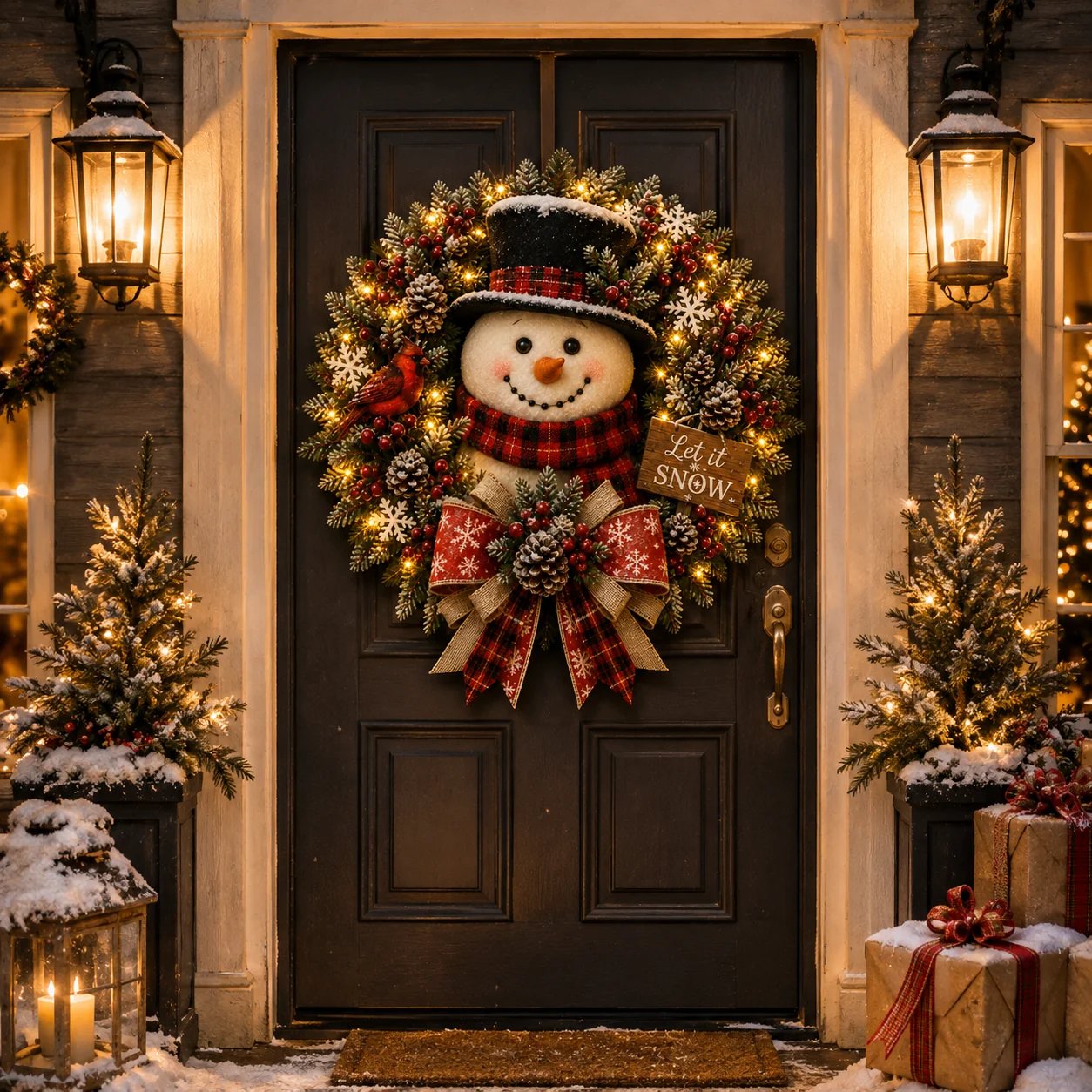 Lighted Snowman Christmas Wreath Front Door