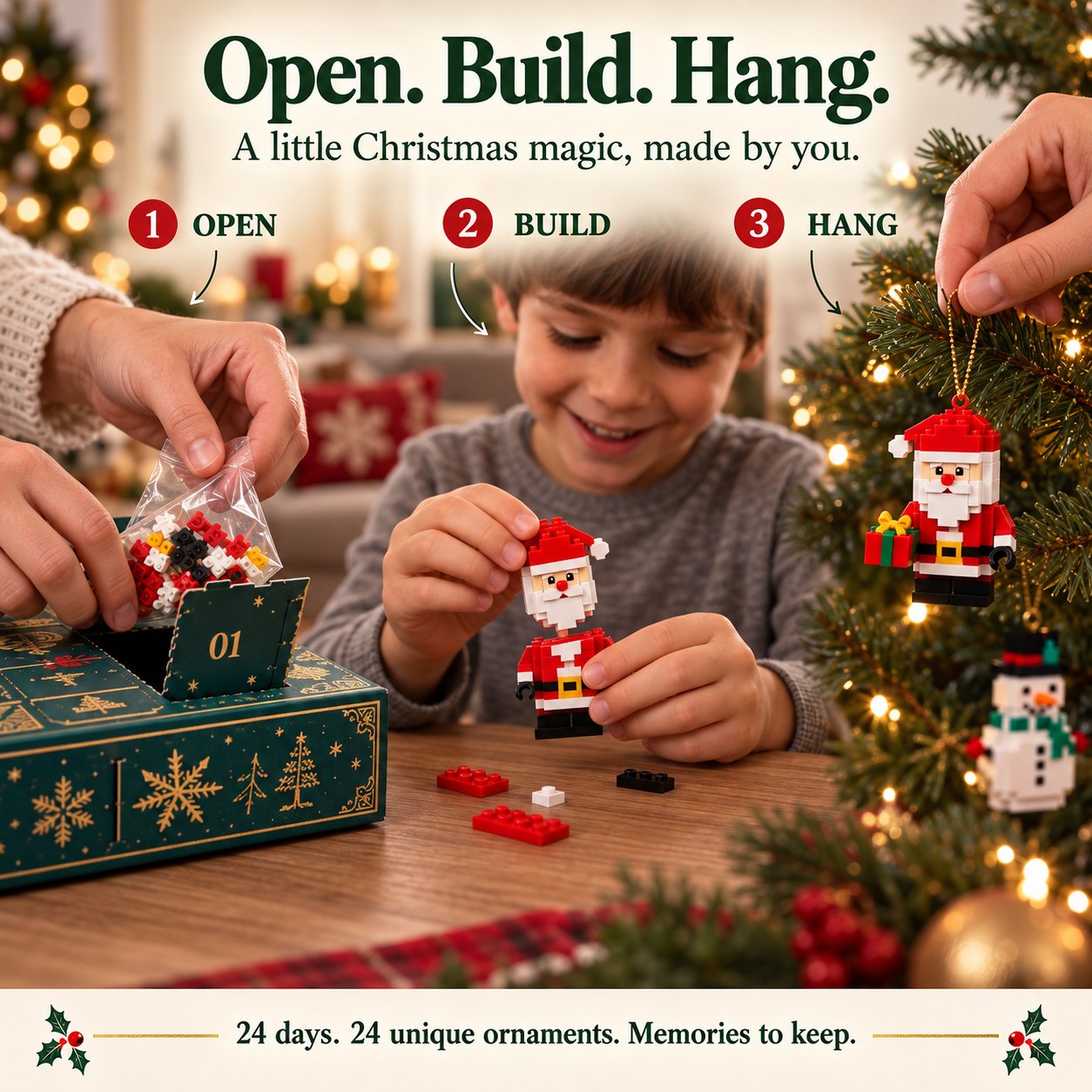 Three steps: take out the day’s bricks, assemble a Santa ornament, and hang the finished Santa on a Christmas tree