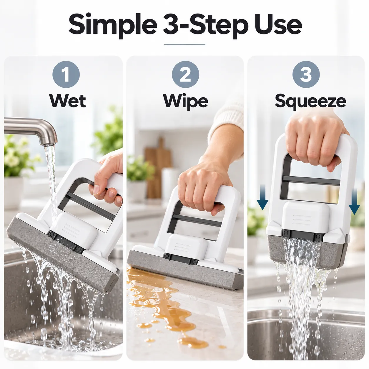 Three-step guide: wet, wipe and squeeze the mini mop