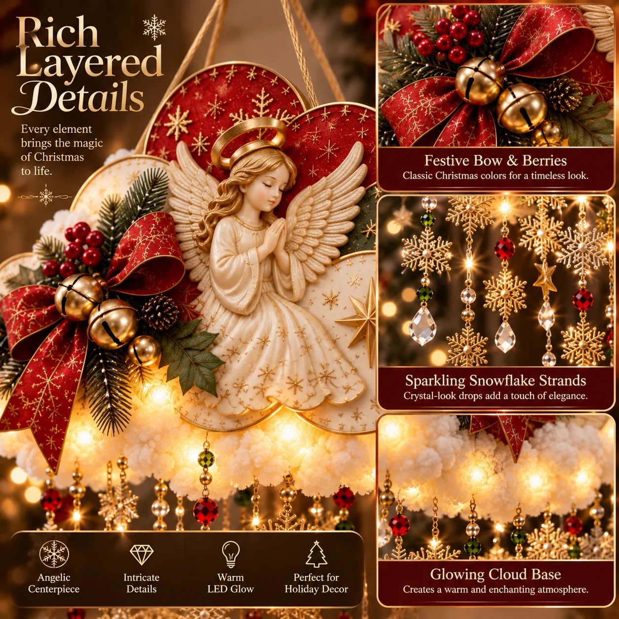 Close-up of angel, Christmas bow and snowflake details