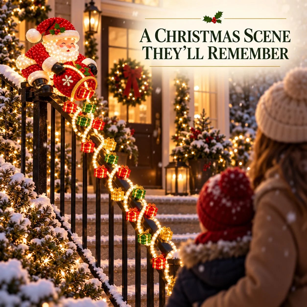 Family viewing illuminated Santa gift cascade on front porch railing