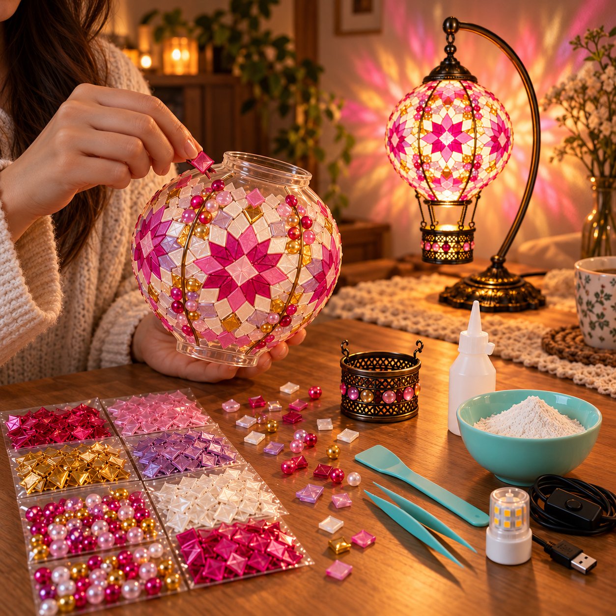 Blush pink mosaic lamp being decorated by hand