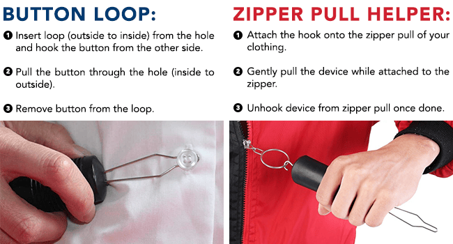Button Hook & Zipper Pull, Assist, Helper Device, Dress Clothes Tool, Button Shirts Aid, One Hand