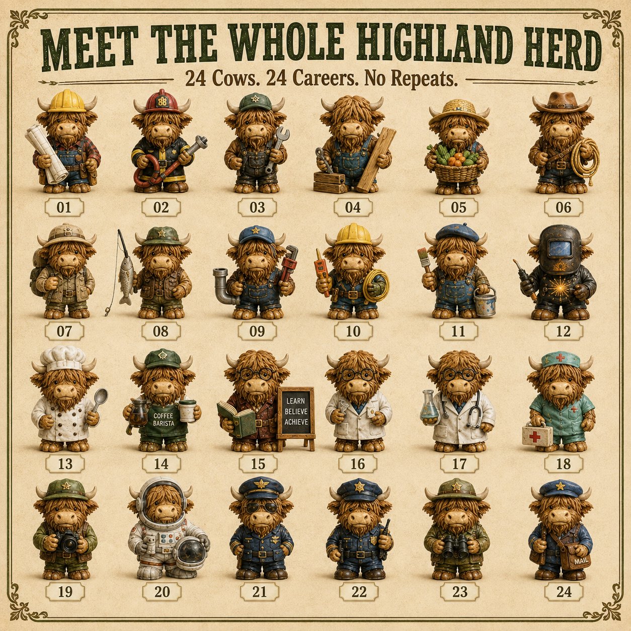 All 24 Highland Cow career characters
