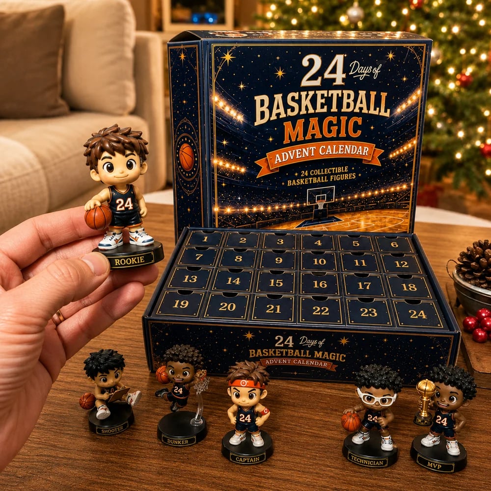 Customer holding Rookie basketball figure beside Advent calendar