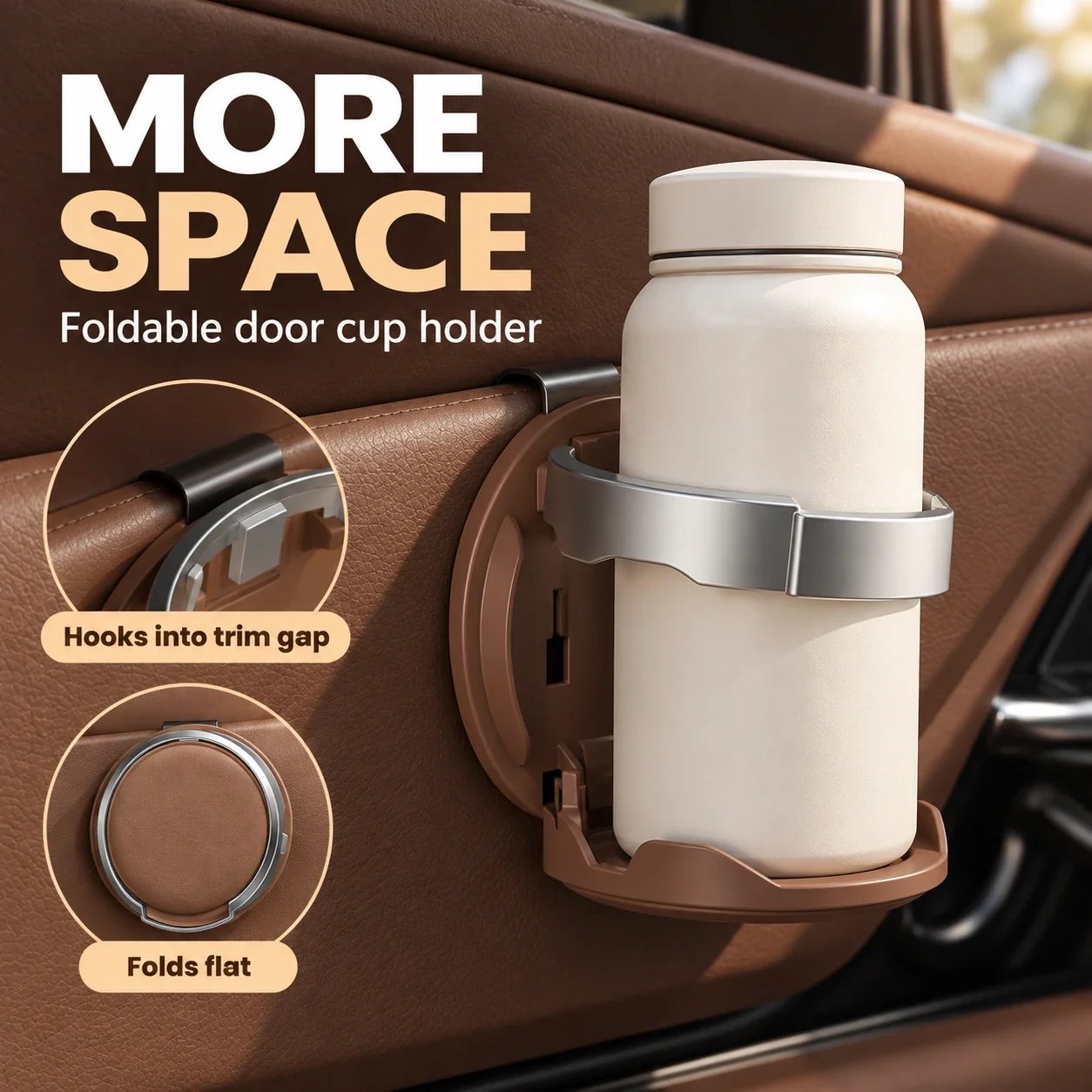 Foldable car door cup holder hooked into interior trim gap