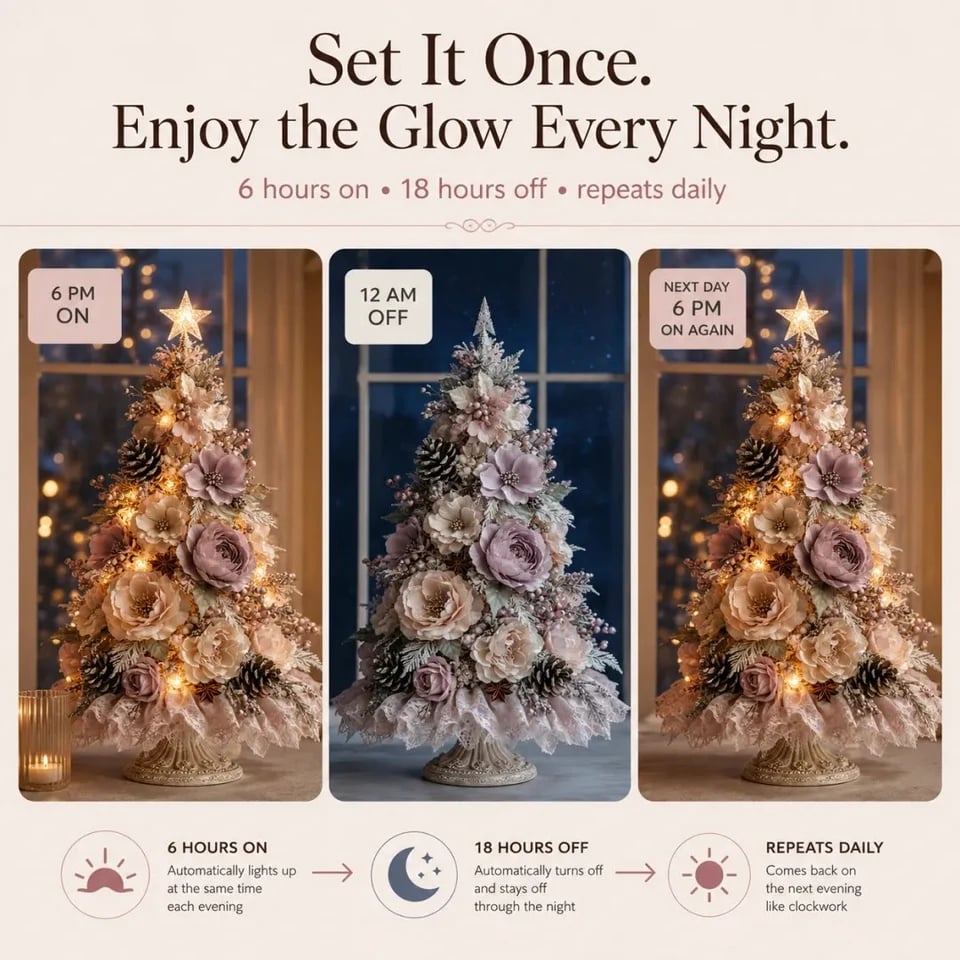 Six hour timer cycle for the pre-lit floral tree