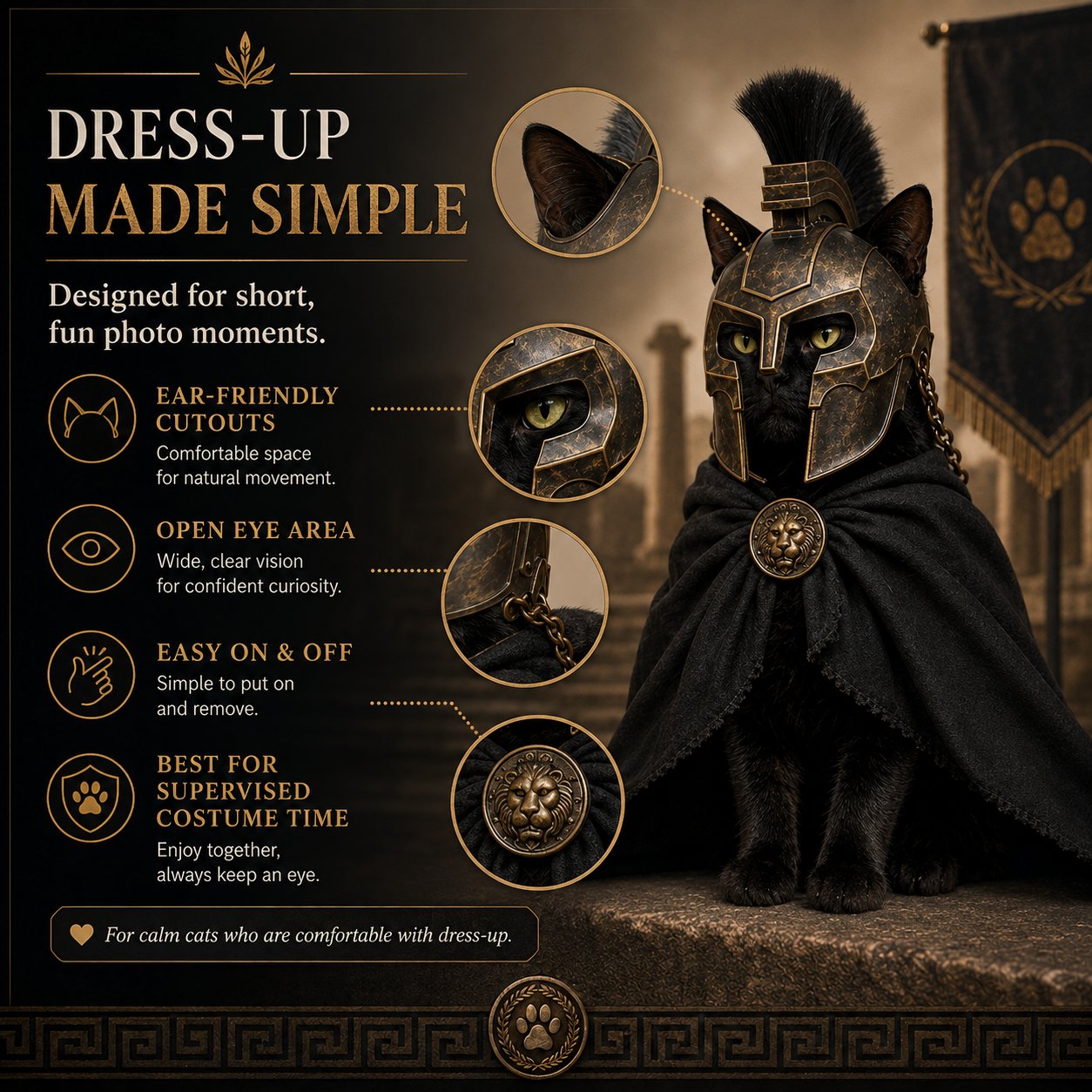 Cat after wearing warrior costume