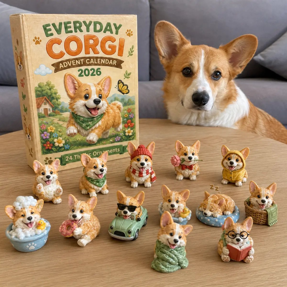A Corgi inspecting an opened Everyday Corgi Advent Calendar box while ornaments sit nearby