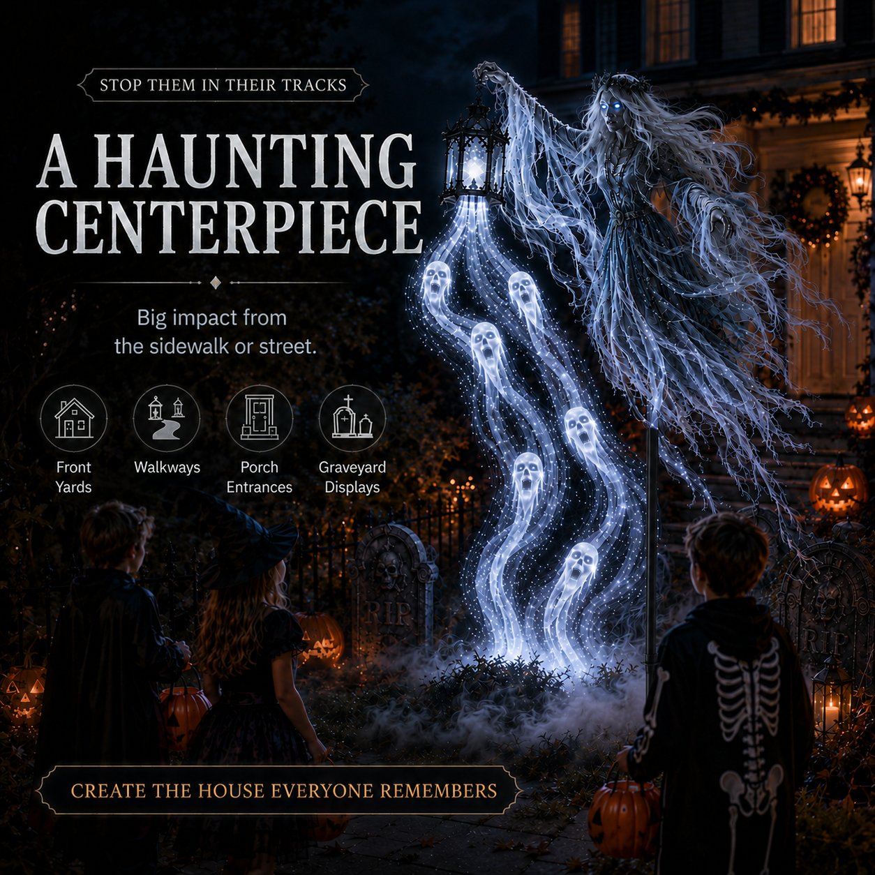 Floating Wailing Wraith illusion in a Halloween yard