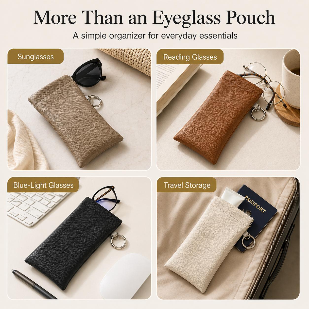 Soft PU Leather Sunglasses Pouch Elastic Opening Eyeglasses Bag, Portable Anti-Scratch Glasses Storage Case With Built-in Cleaning Cloth And Keychain, Minimalist Lightweight Protective Sleeve For Daily Travel Outdoor Women Men Accessories
