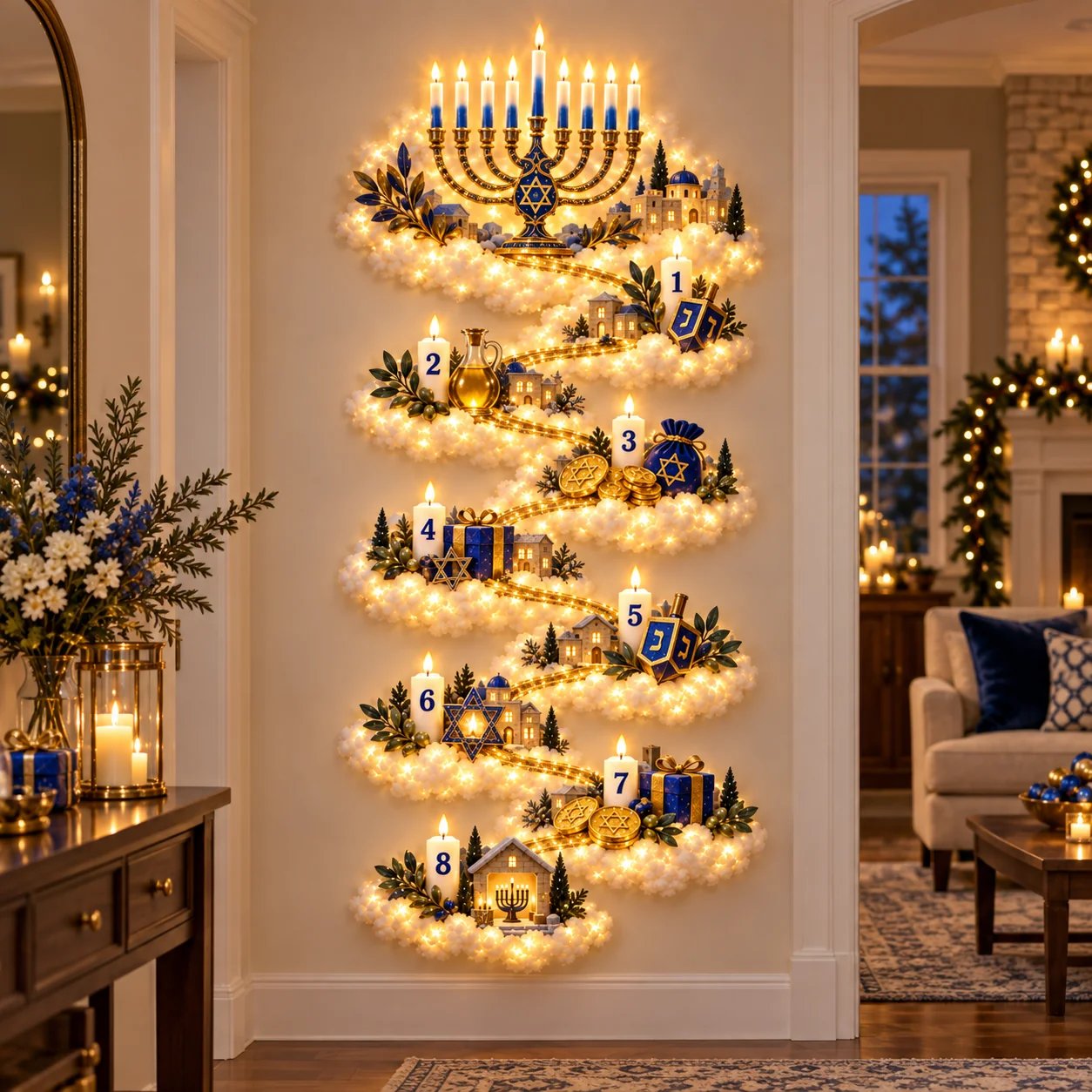 Hanukkah Festival of Lights wall decor with menorah and eight nights