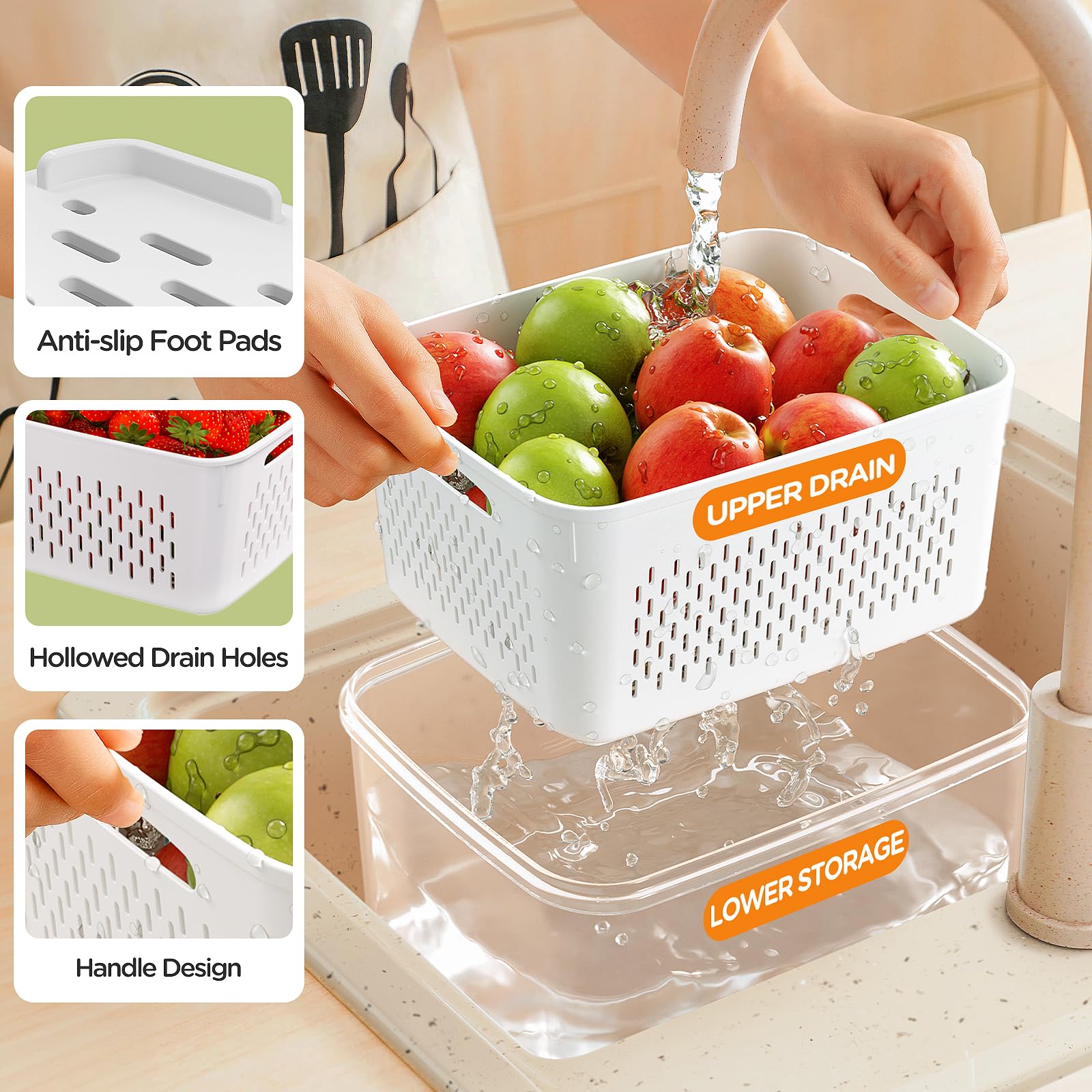Double layer produce container with removable colander
