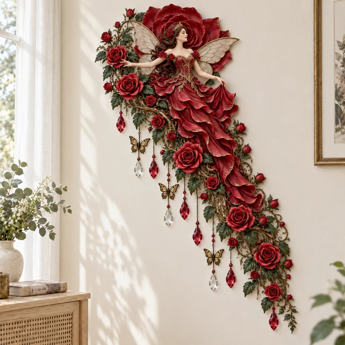 Unlit Rose fairy with crimson flowers and a sweeping red gown on an ivory wall in daylight