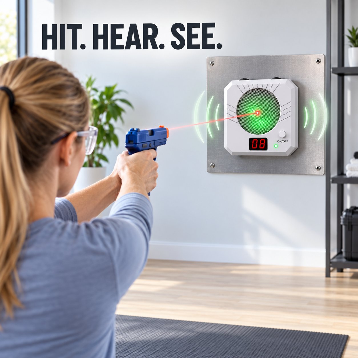 Laser training target sound and flash hit feedback