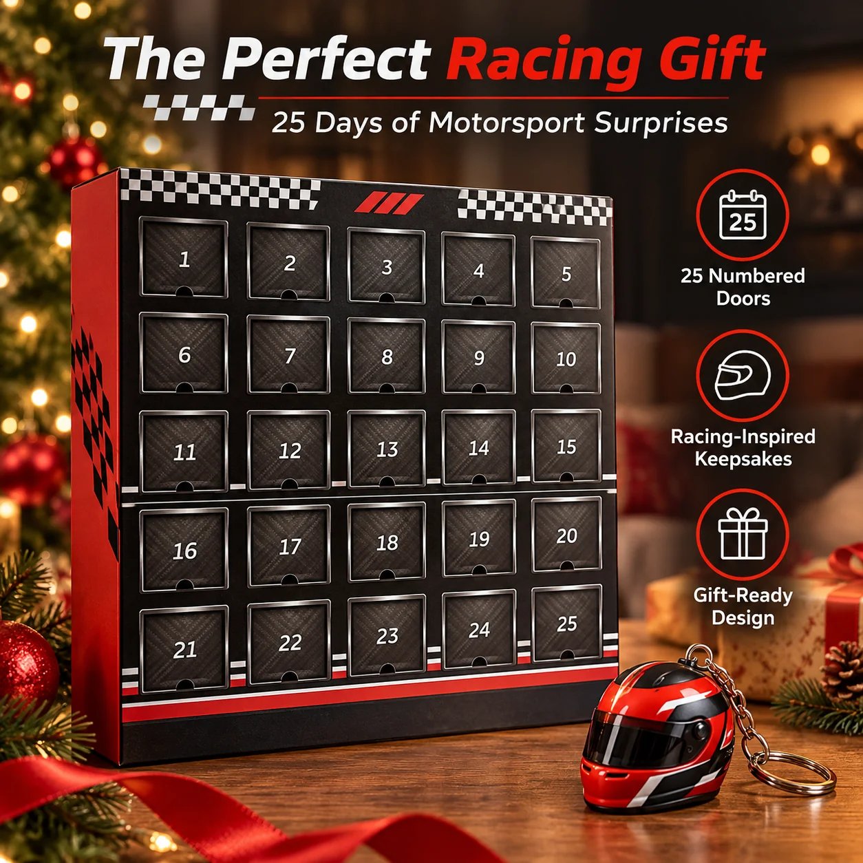 25 day racing advent calendar with numbered doors and red helmet inspired collectible keychain