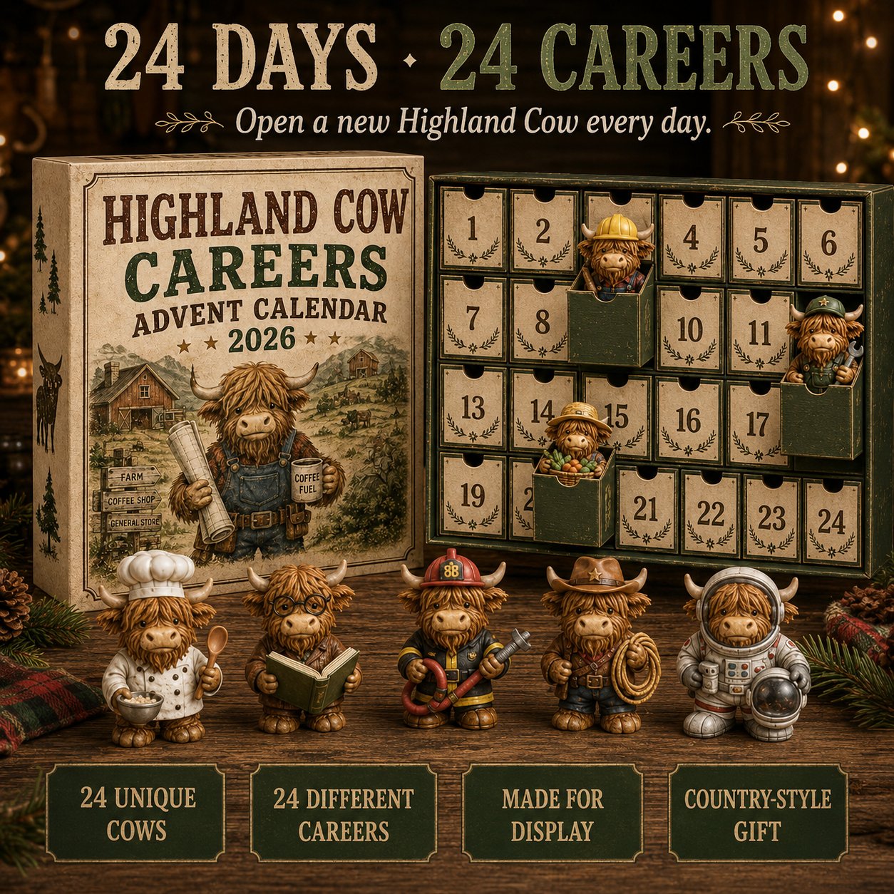 24-day Highland Cow Careers Advent Calendar with numbered compartments