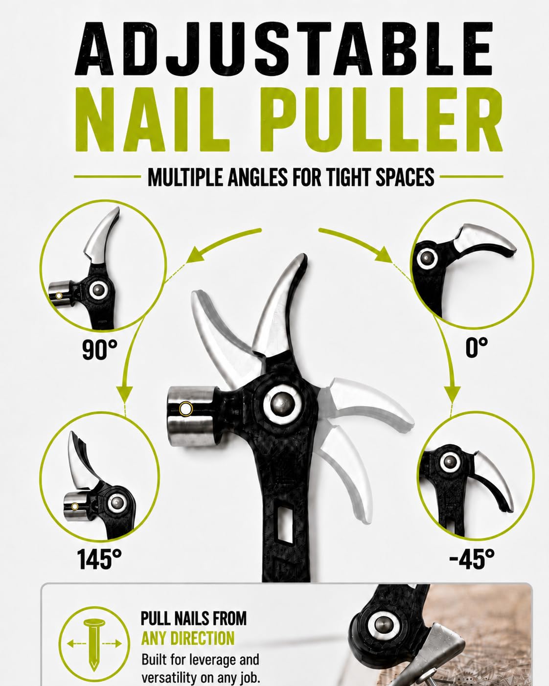 Four adjustable nail puller positions for tight spaces Four adjustable nail puller positions for tight spaces