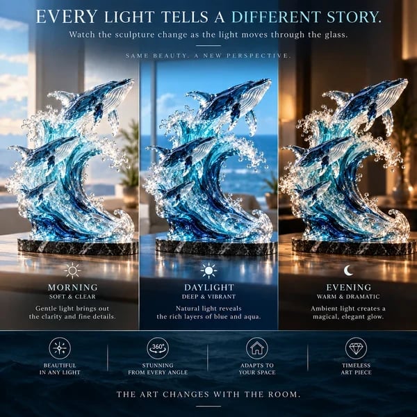 Becoming Ocean shown in morning, daylight, and evening lighting