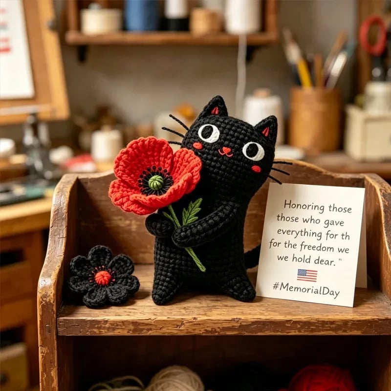 手工钩织黑猫与罂粟花