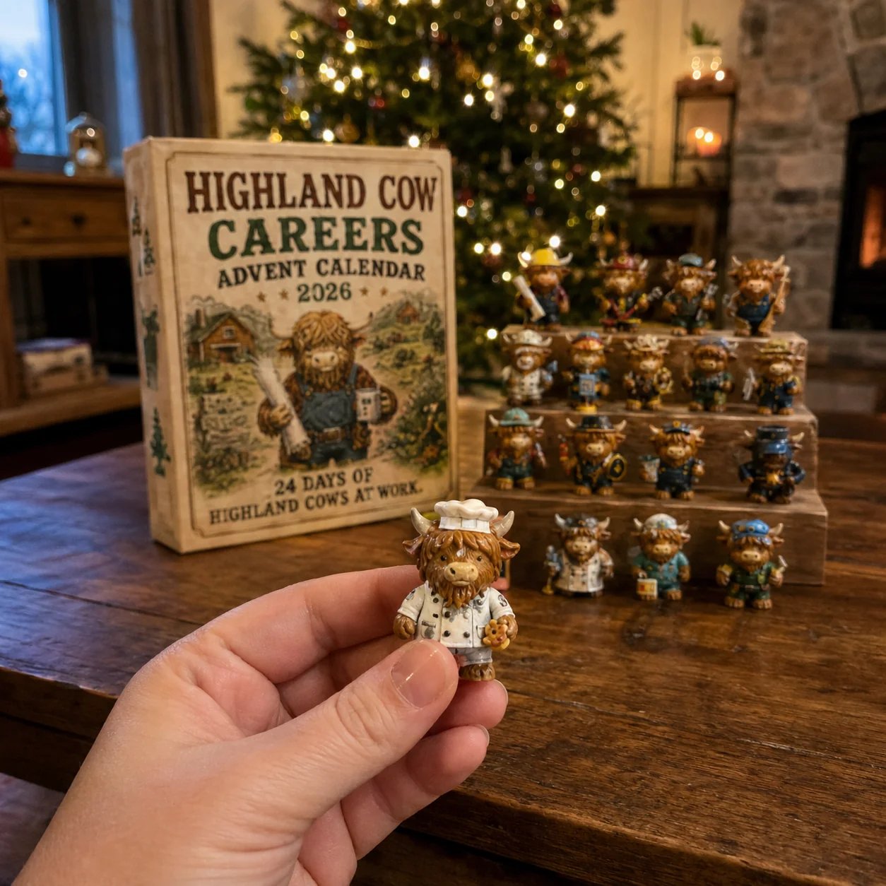 Highland Cow Careers collection displayed in a real Christmas home