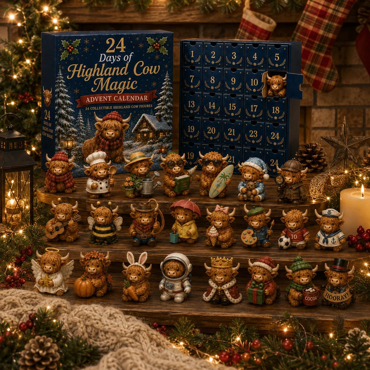 Opening a numbered compartment from a Highland Cow Christmas Advent calendar