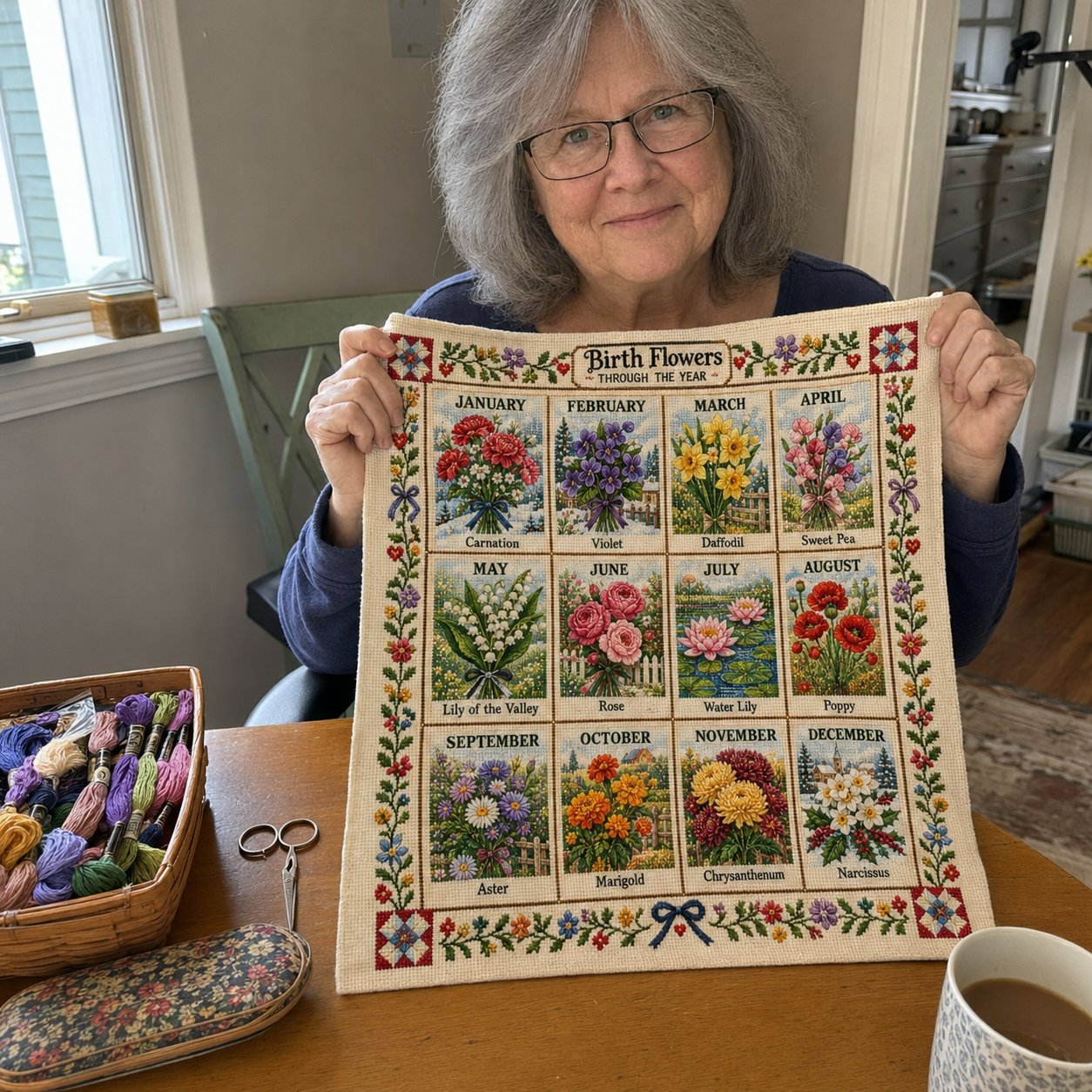 Customer holding her completed Birth Flowers Through the Year sampler