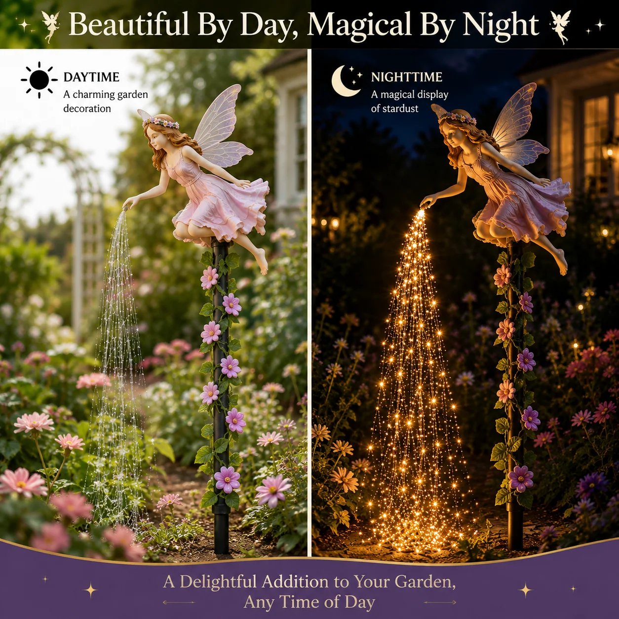 Fairy garden decoration by day and illuminated at night