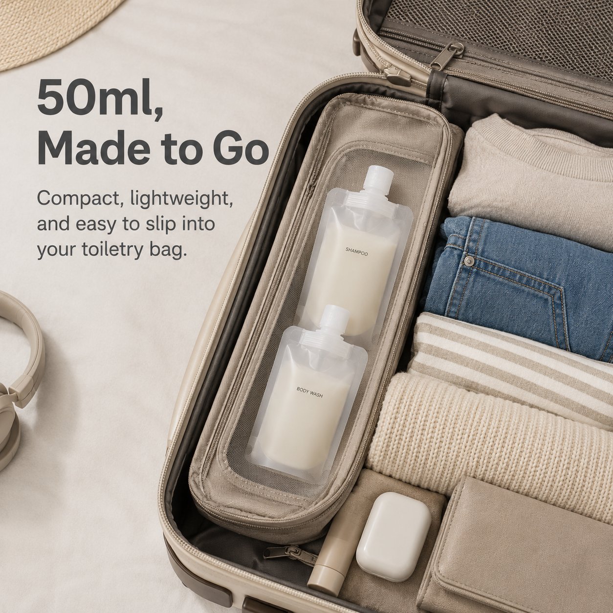 Two compact labeled 50ml travel pouches stored in a narrow suitcase toiletry compartment