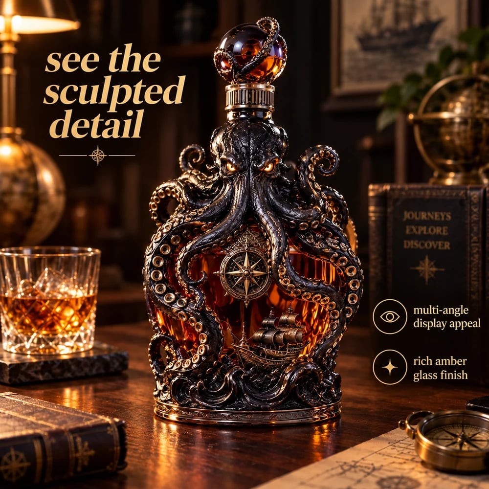 Detailed Kraken sculpture and amber glass