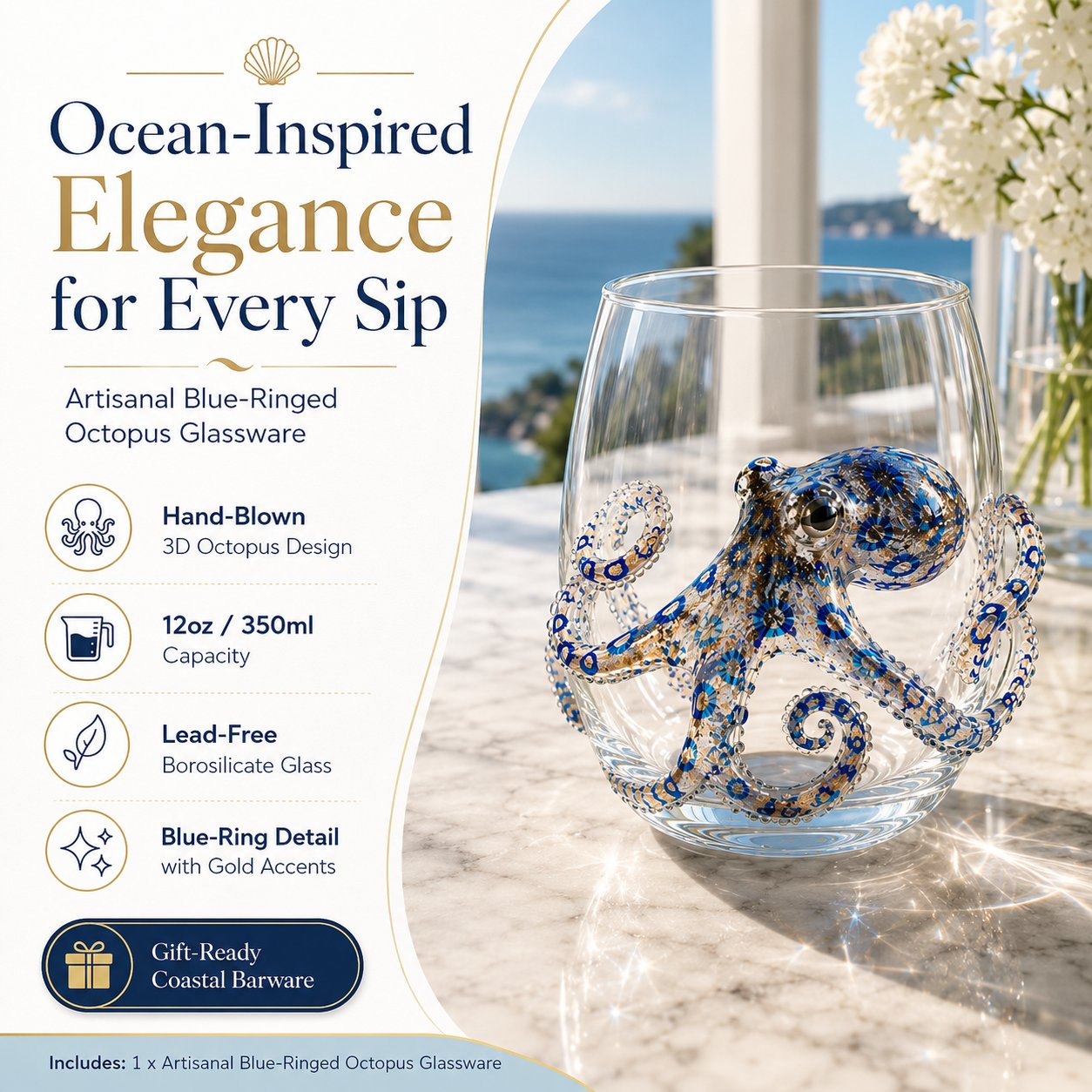3D Blue Ringed Octopus Glass