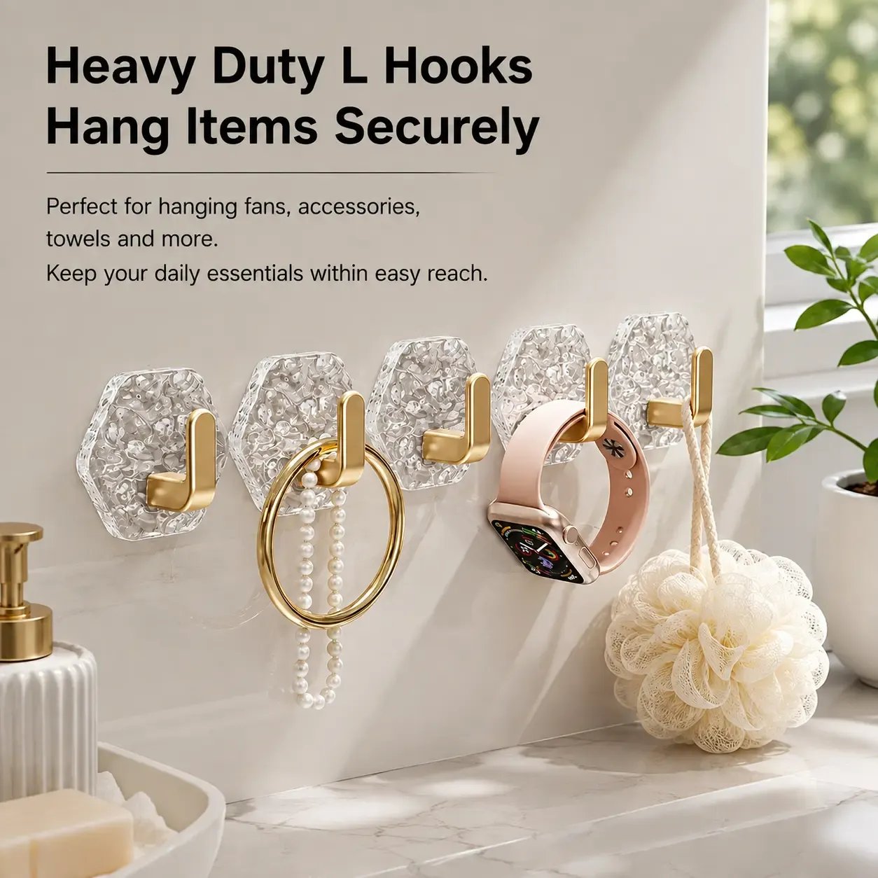 Heavy-duty L-shaped hooks securely holding everyday items