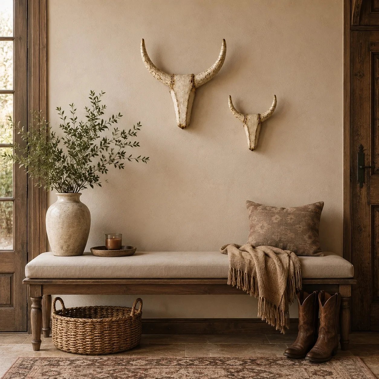 Vintage distressed longhorn wall sculptures in rustic interior