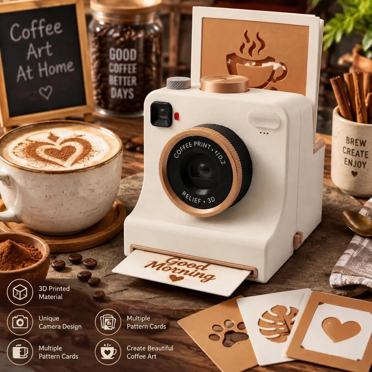☕📸 Camera-Style Latte Art Maker – Reusable Stencil Press detail view 1