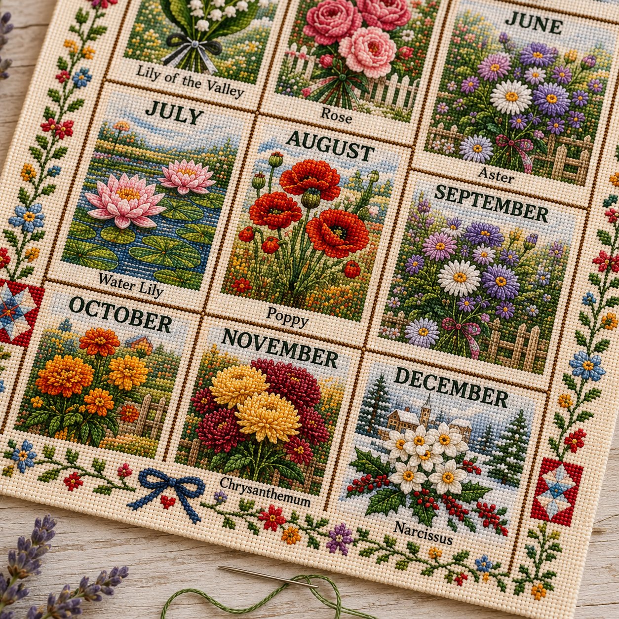 Detailed monthly scenes and visible embroidery texture