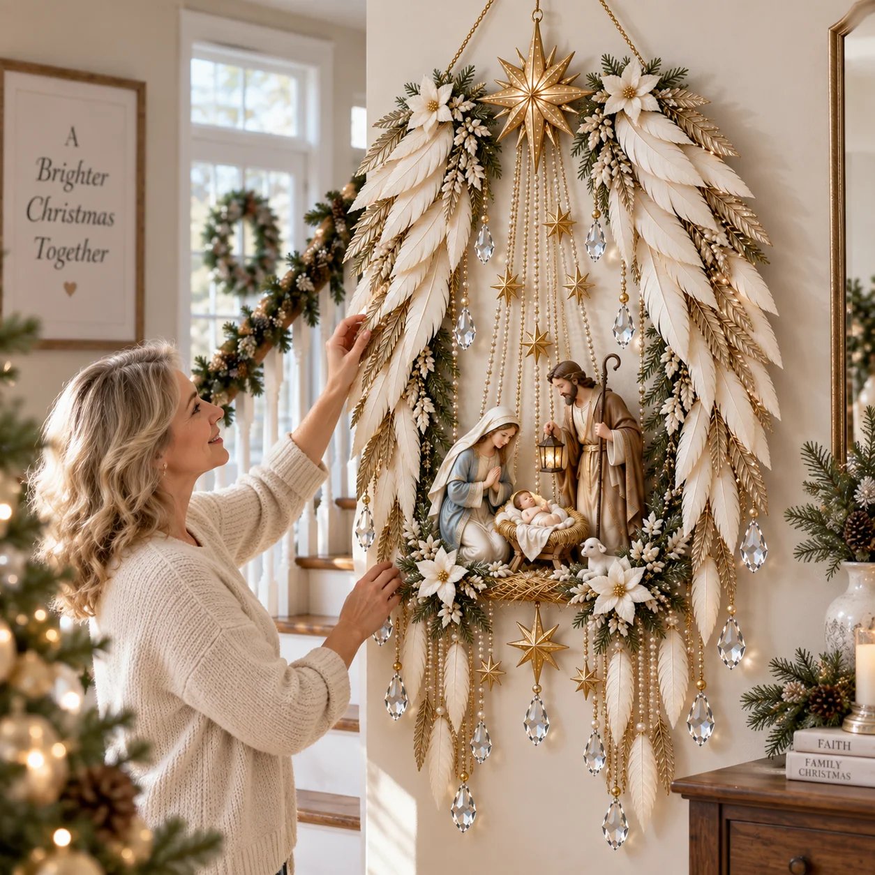 Woman displaying large Bethlehem Nativity Christmas wall hanging in a home