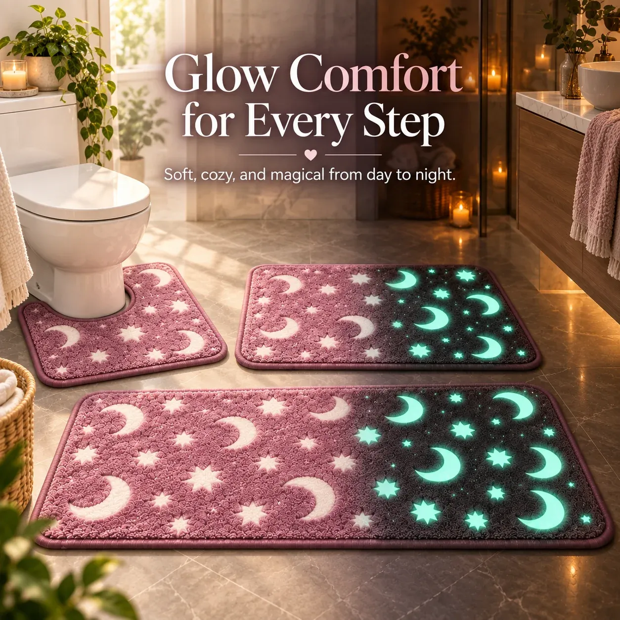 Three-piece pink moon and star glow-in-the-dark bath mat set
