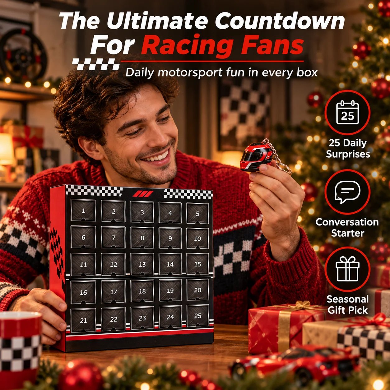 Man holding racing advent calendar and helmet inspired keepsake beside holiday gifts
