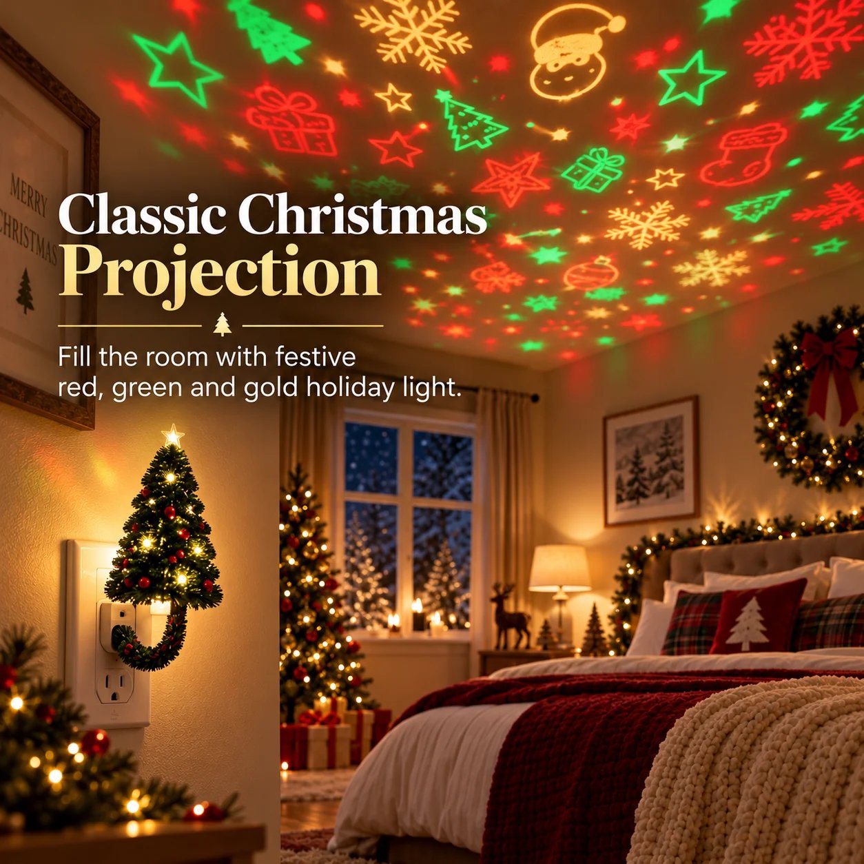 Classic red green and gold Christmas projection