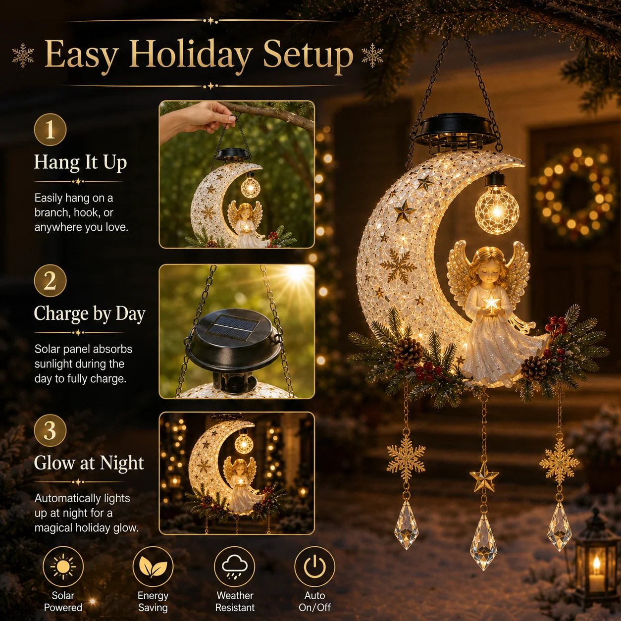 Easy setup instructions for solar Angel Moon Christmas hanging light