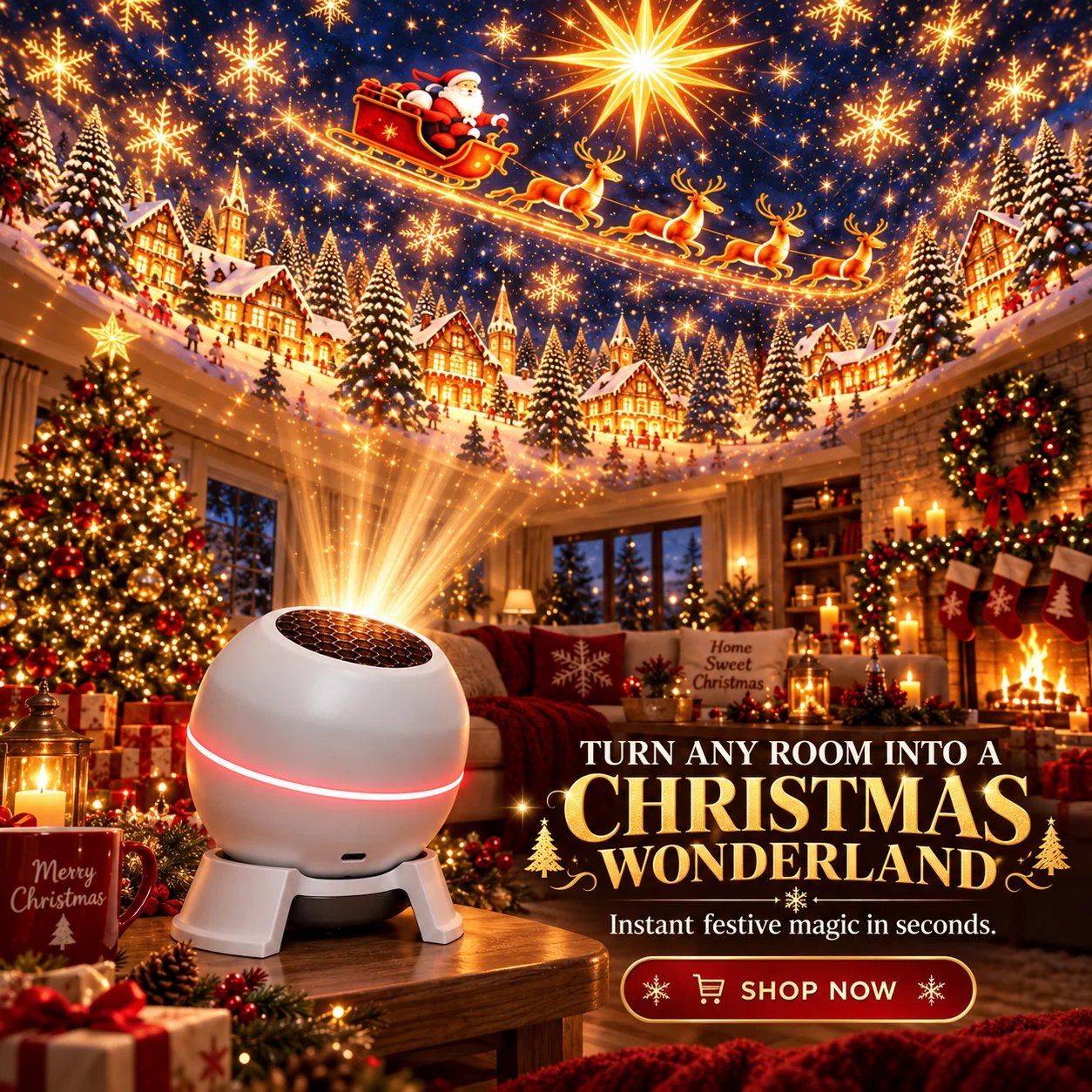 Christmas projection night light transforming a living room into a festive Christmas wonderland