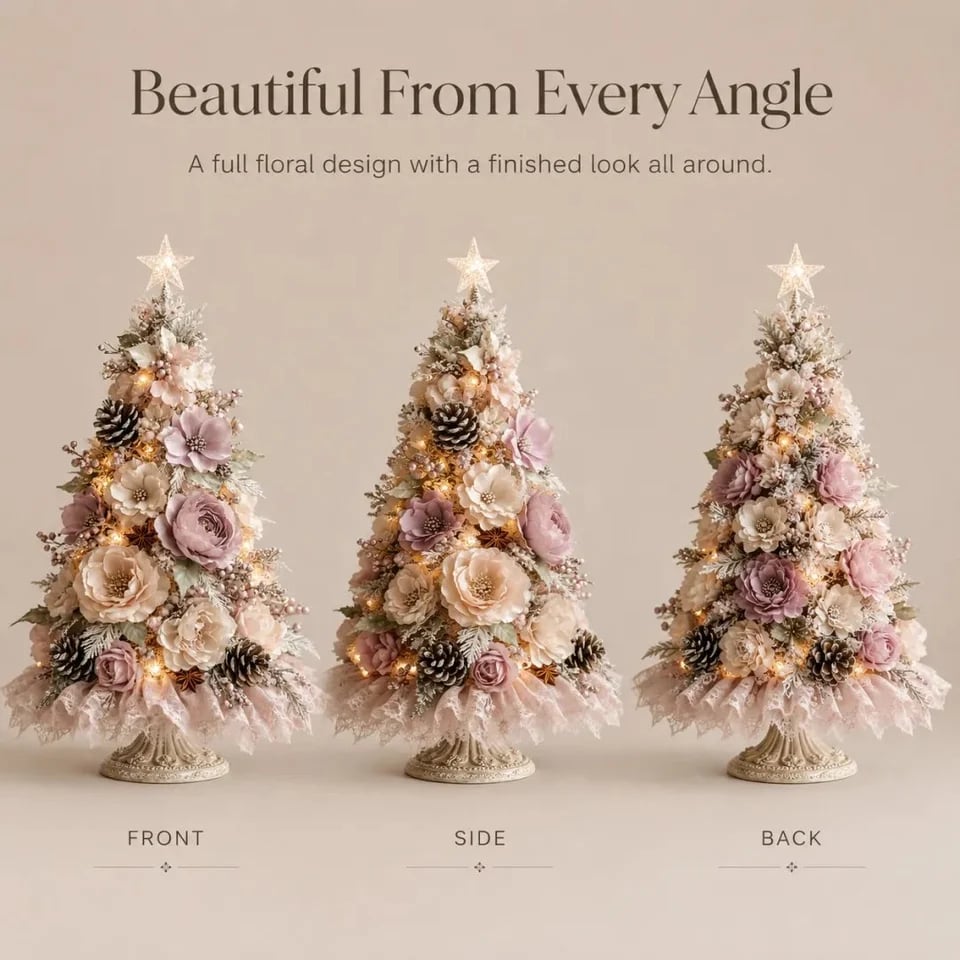Front side and back views of the floral Christmas tree