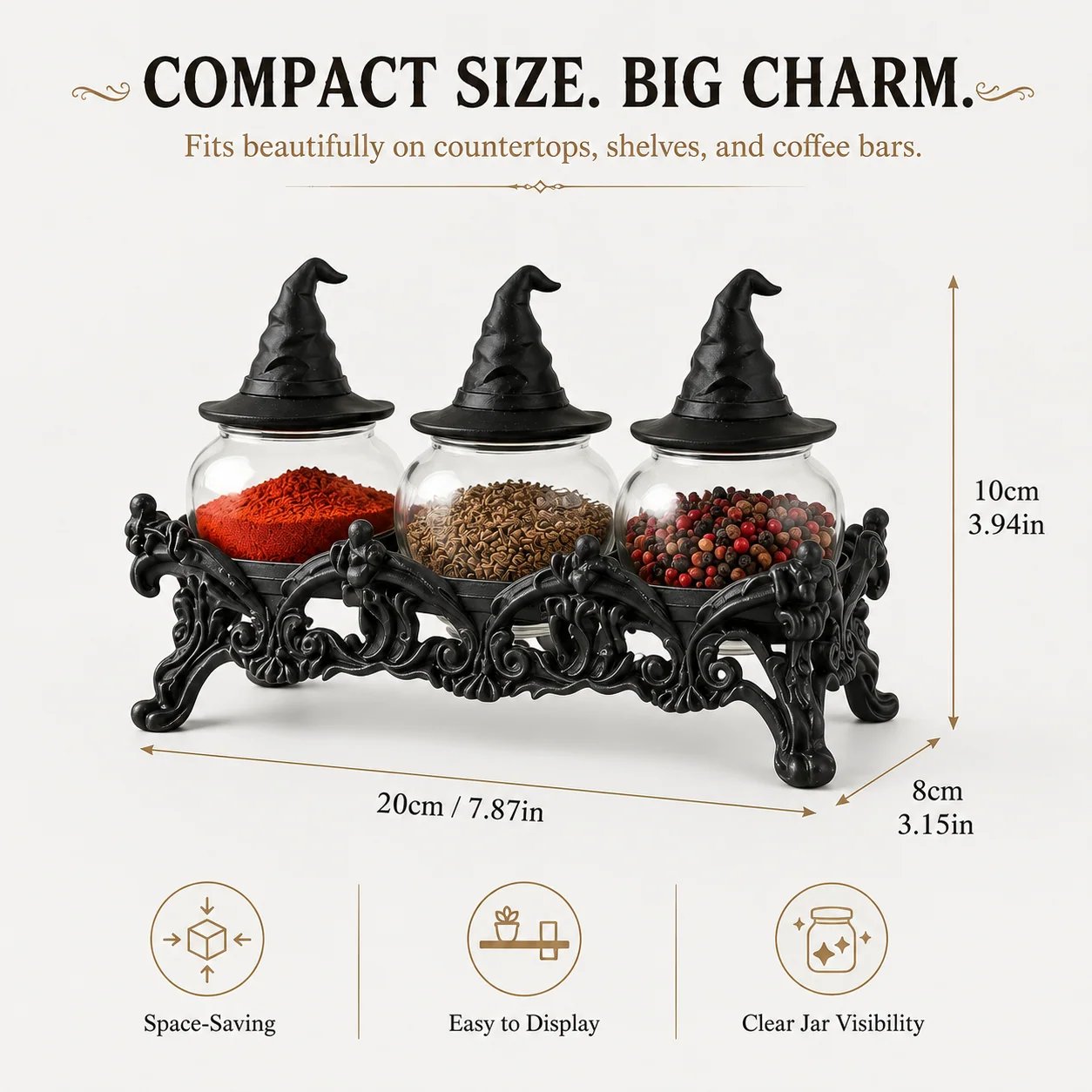 Size comparison of witch-hat spice jar set on kitchen counter Size comparison of witch-hat spice jar set on kitchen counter