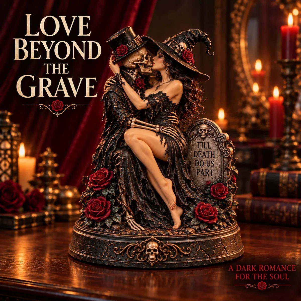 A witch and skeleton sharing an intimate embrace framed by crimson roses