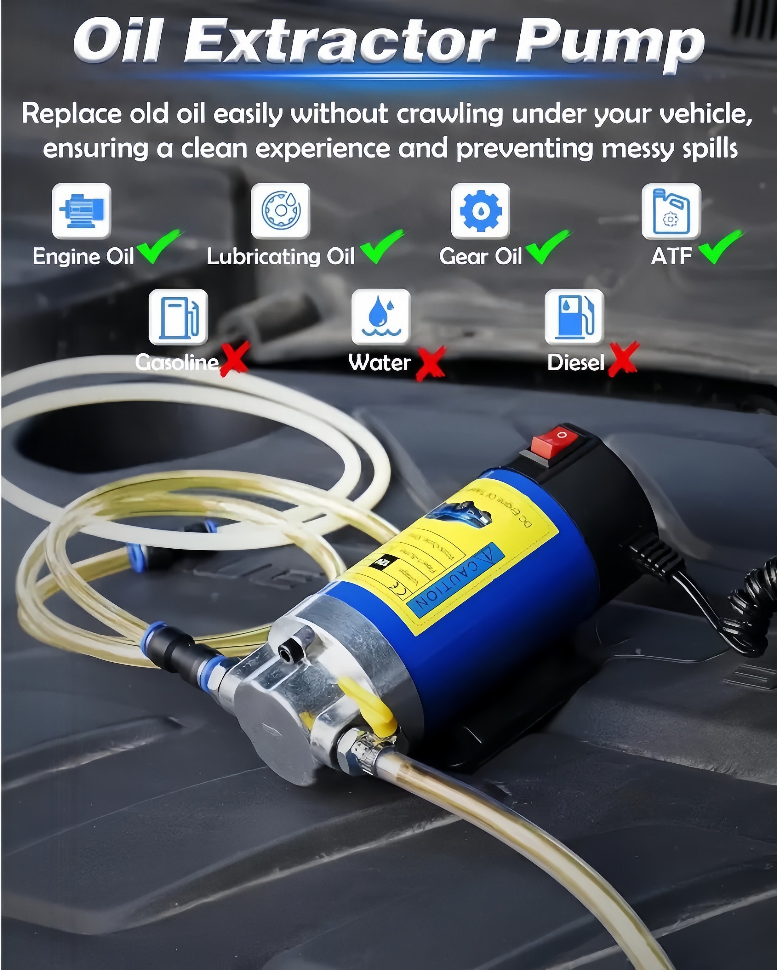 Portable oil extractor pump shown in an engine bay