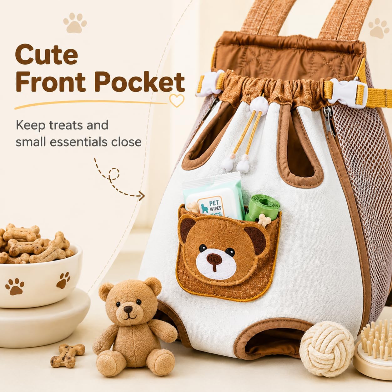Bear front pocket on pet carrier backpack for treats wipes and waste bags