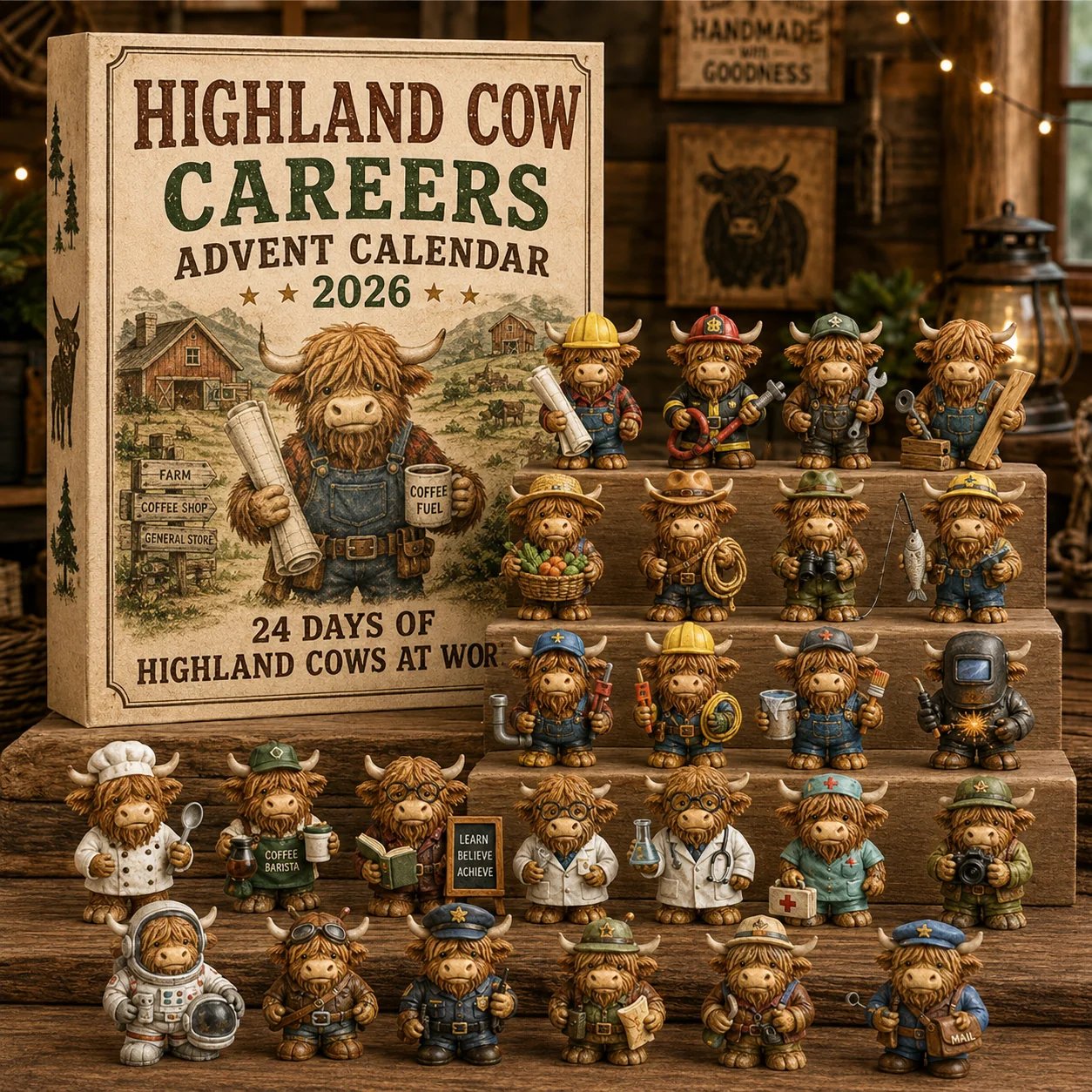 Highland Cow Careers Advent Calendar 2026 with collectible career figures