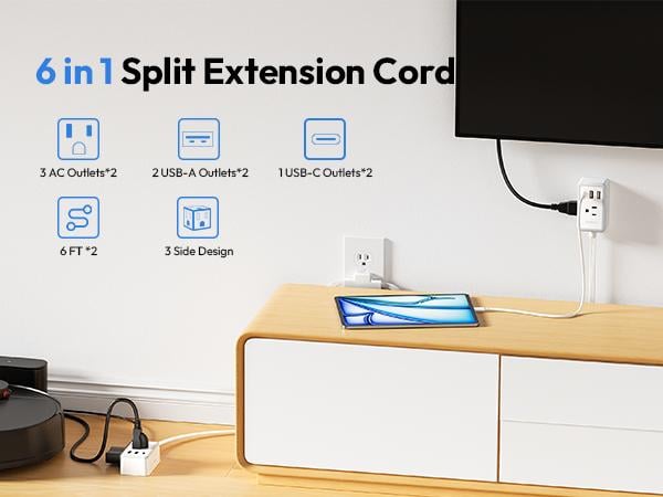 NTONPOWER Twin Extension Cord Splitter 12 / 18 FT, with 6ft Dual Extension Cord on Each Side 3 Widely Outlets, Double Extension Cord for Home Office Dorm Room